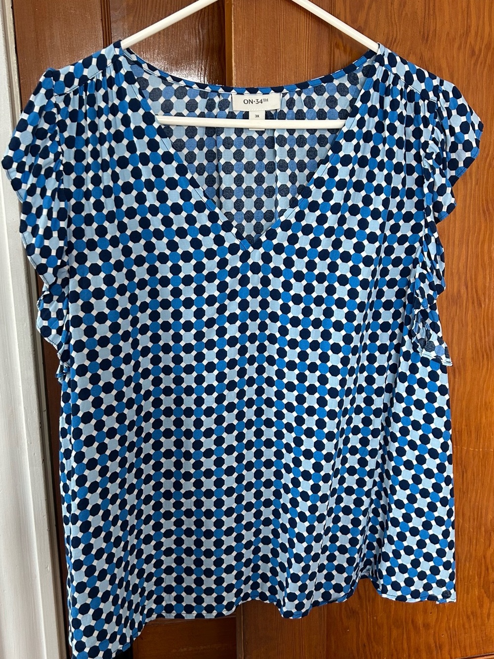 ON·34TH Blue Geometric V-Neck Blouse